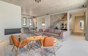 Télévision, cheminée, table de tennis de table, chaîne hi-fi