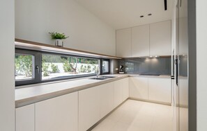 Fridge, oven, dishwasher, coffee/tea maker