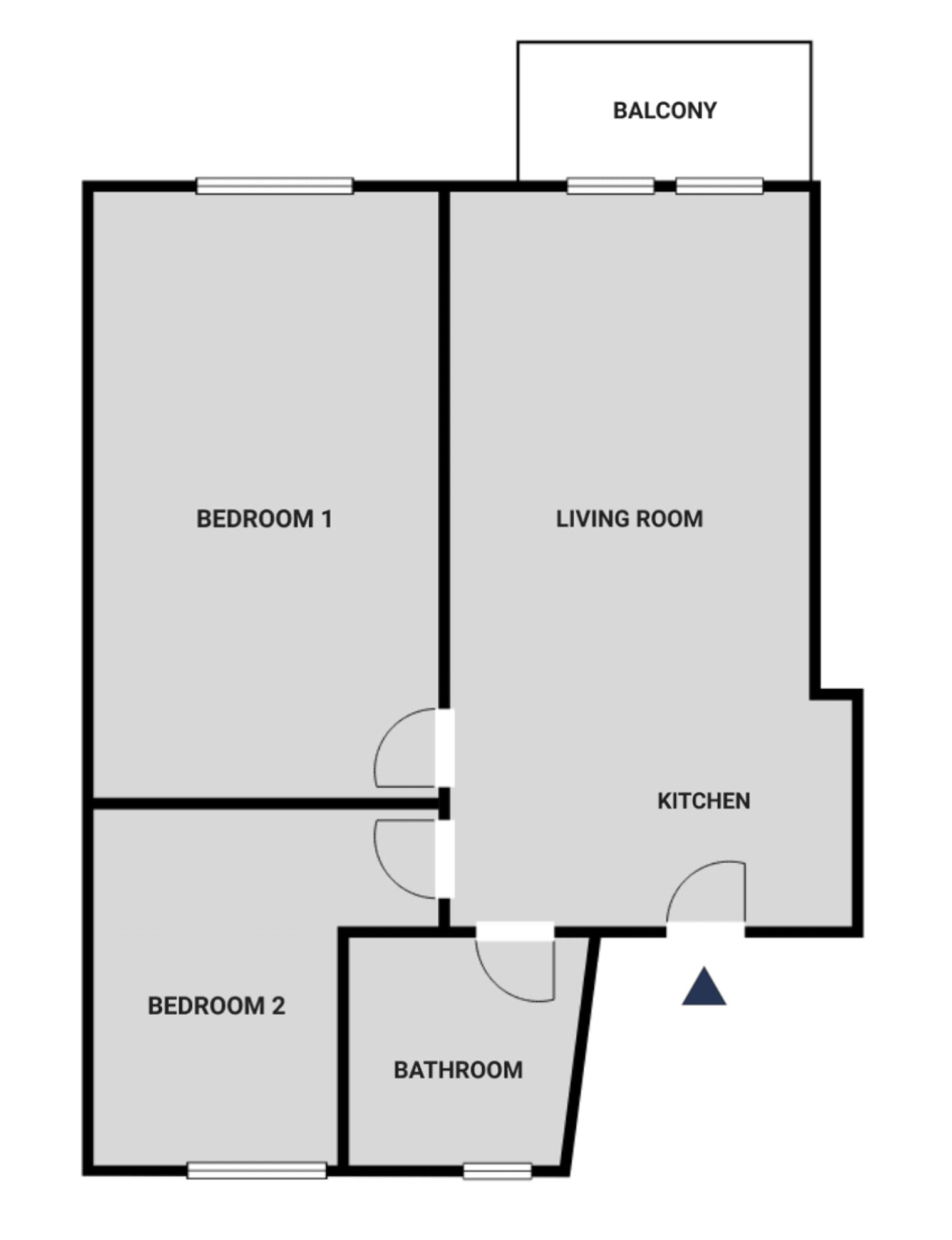 Un plan d’étage comprenant un salon, deux chambres, une cuisine, une salle de bain et un balcon.