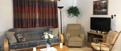 Een smart-tv, een open haard en boeken