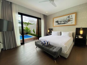 Luxe villa, 1 slaapkamer | Italiaanse Frette-lakens, luxe beddengoed, een kluis op de kamer