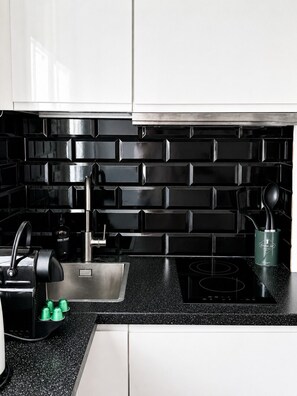 Microwave, coffee/tea maker, toaster, cookware/dishes/utensils