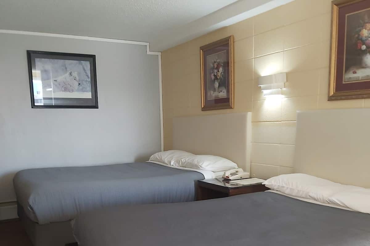 Una habitación de hotel con dos camas individuales, una mesita de noche con lámpara y cuadros en las paredes.