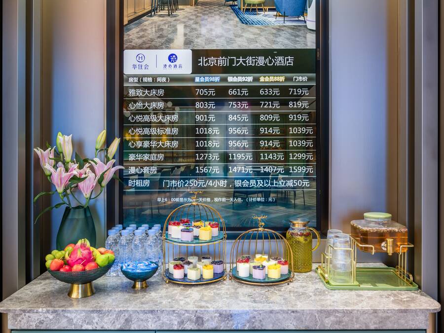 Ein Hotelzimmer mit digitaler Anzeige, die Zimmertypen und Preise auflistet, einer Vase mit Blumen und einem Tablett mit verschiedenen Desserts.