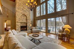 Televisión, chimenea, libros