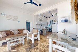 TV, books, stereo - Luxurious beachfront home with private pool, rooftop grill, and sea views (Placencia)