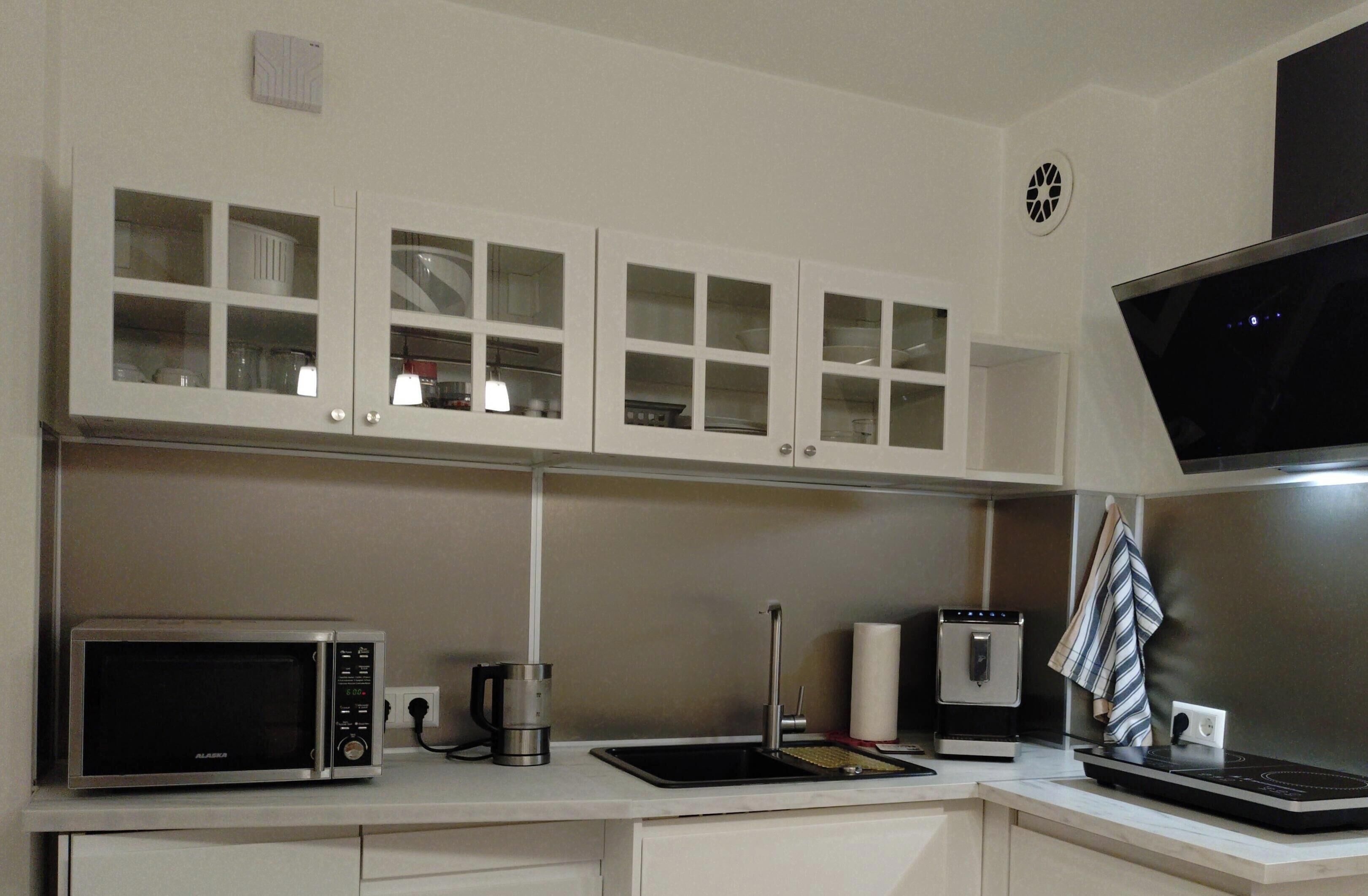 Fridge, microwave, stovetop, coffee/tea maker