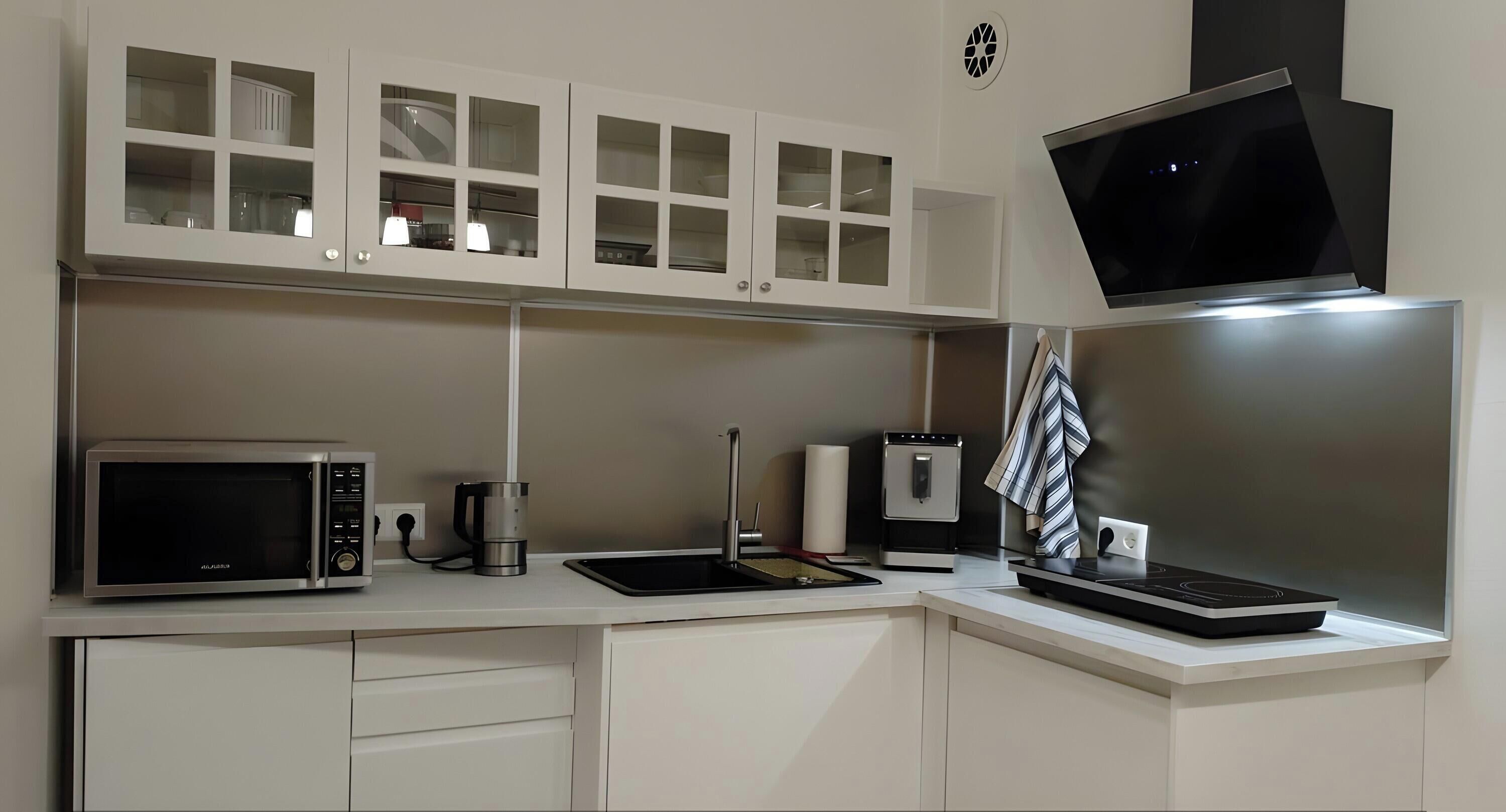 Kjøleskap, mikrobølgeovn, kokeplater og kaffetrakter/tekoker