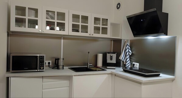 Fridge, microwave, stovetop, coffee/tea maker