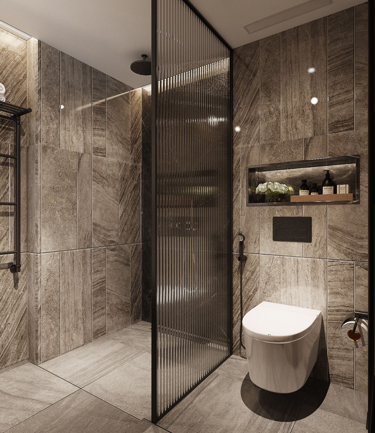 A modern bathroom with a walk-in shower, a toilet, and a shelf with toiletries.