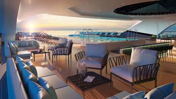 Hồ bơi ngoài trời, dù/ô trên bãi biển/hồ bơi, ghế dài tắm nắng