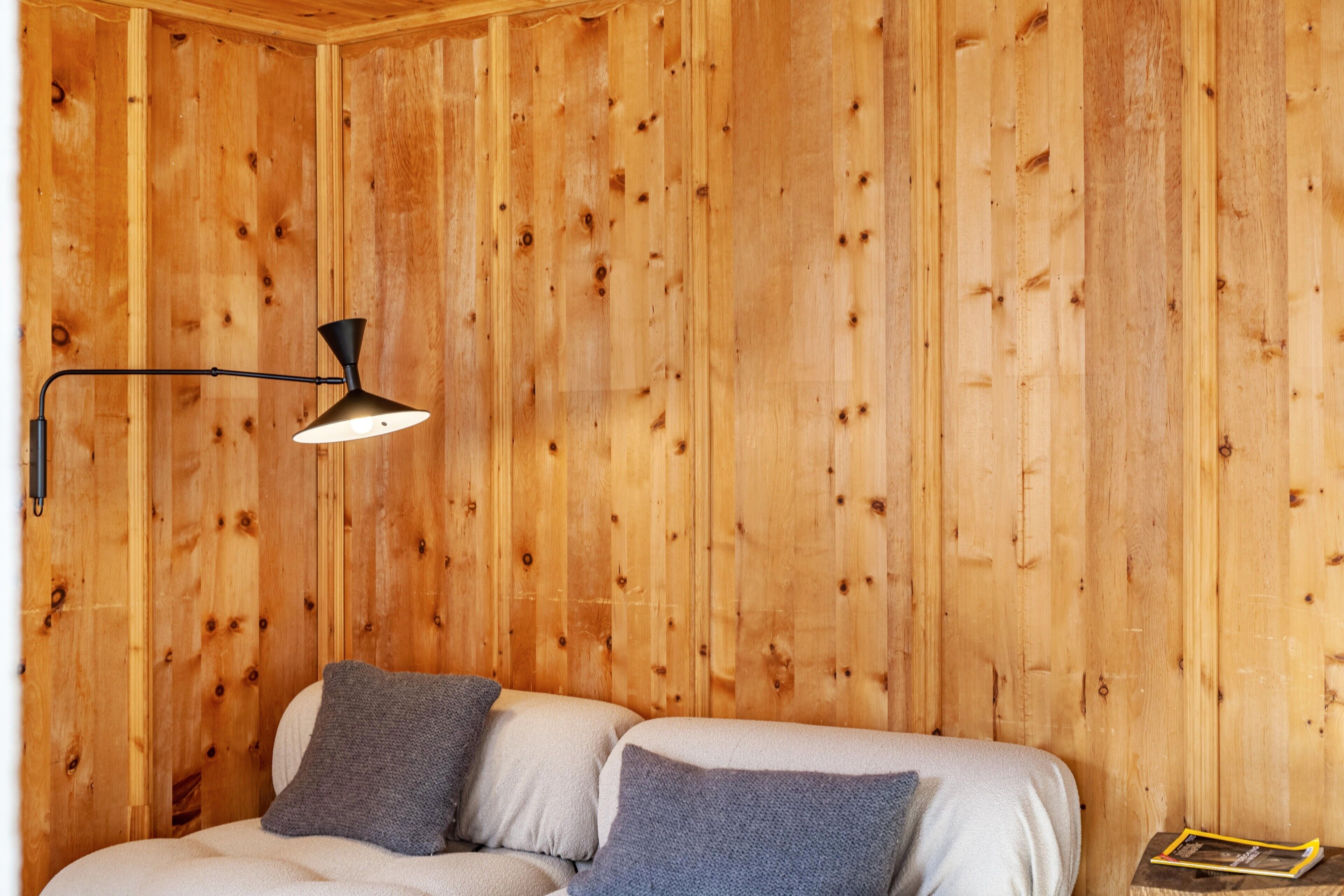 Et rum med træpaneler, en sofa og en enkelt lampe.