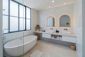 Luxury Villa | Bathroom | Separate tub and shower, hair dryer, towels - Puri Senang - Modern 4BR Pool Villa · Central Berawa · 6 min to Beach & Finns (Canggu)