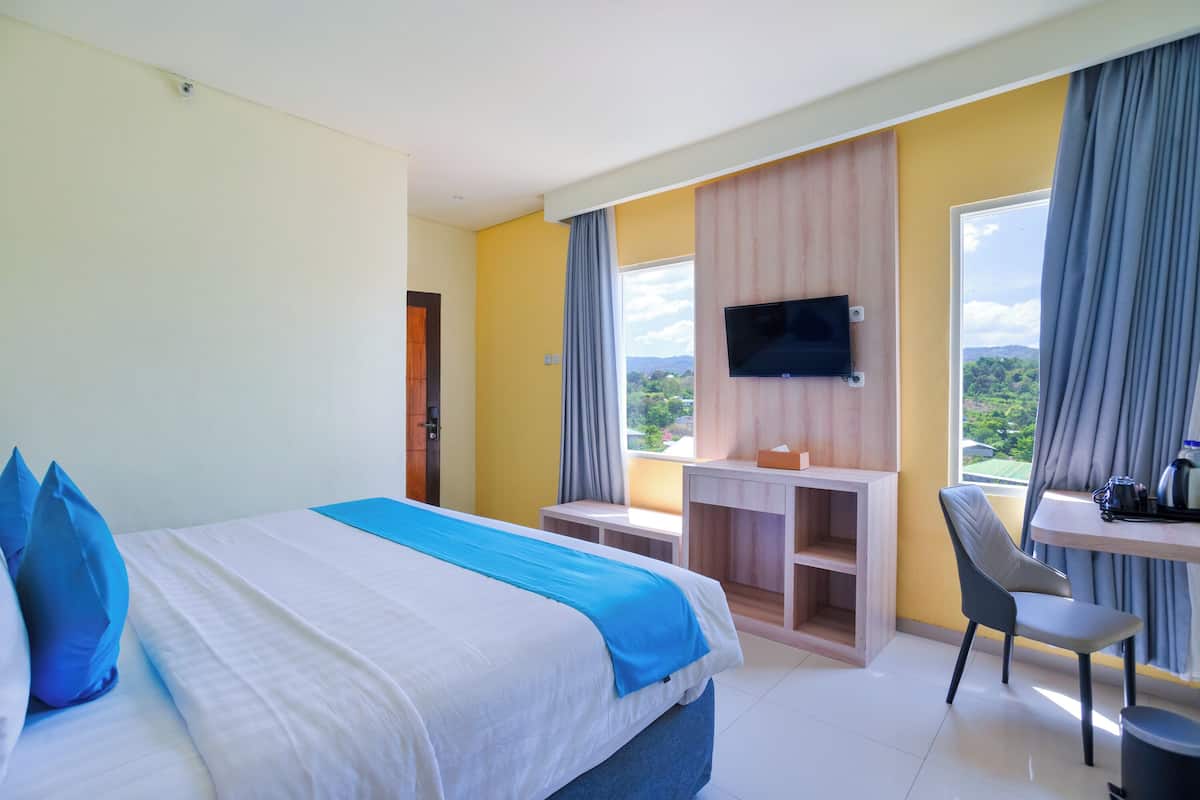 A hotel room with a bed, a desk, a chair, a TV, and a view of the outdoors.