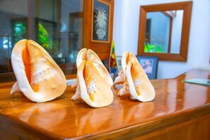 Three conch shells on a wooden table in a room with a framed picture and a flag in the background. - Surf Sea Breeze (Mirissa)
