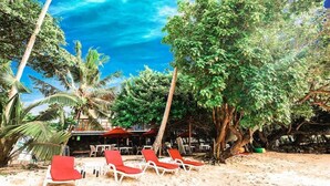 A beachside area with red lounge chairs, a restaurant with outdoor seating, and a large tree providing shade. - Surf Sea Breeze (Mirissa)