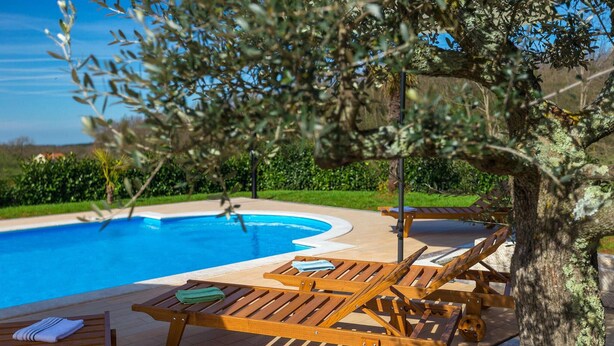 Area piscina con terrazza in legno, poltrone a sdraio e un albero.
