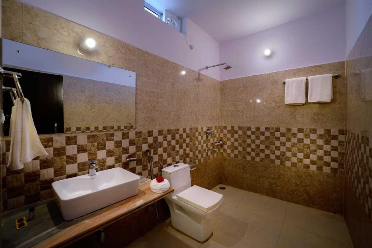 A bathroom with a large sink, toilet, and shower.