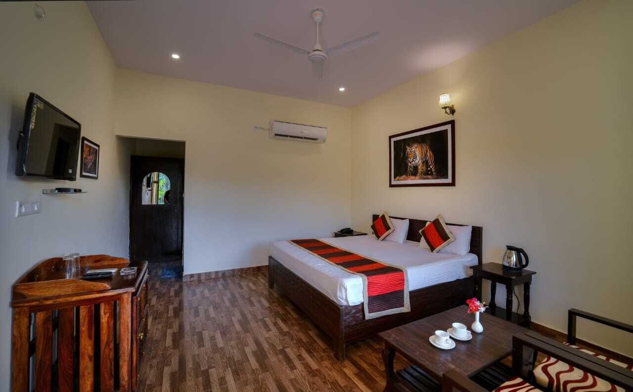 Habitación de hotel con cama, escritorio, silla, televisión y ventilador de techo.