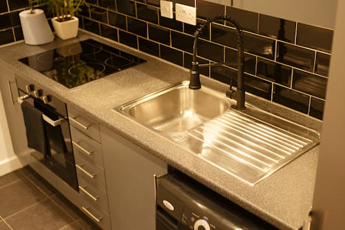 Romantic Duplex | Private kitchen | Full-size fridge, microwave, oven, electric kettle