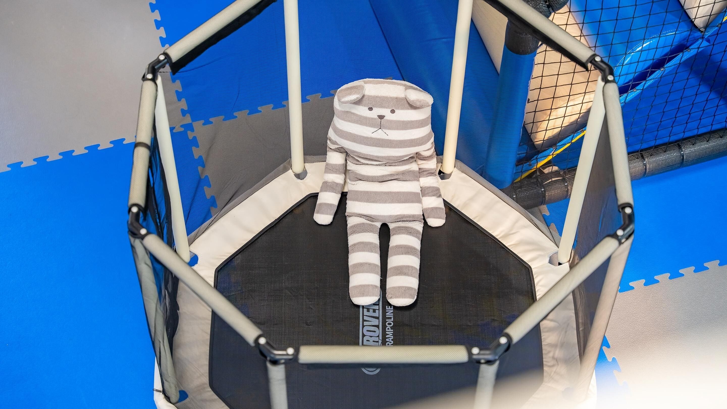 A trampoline with a safety net and a striped stuffed toy inside.
