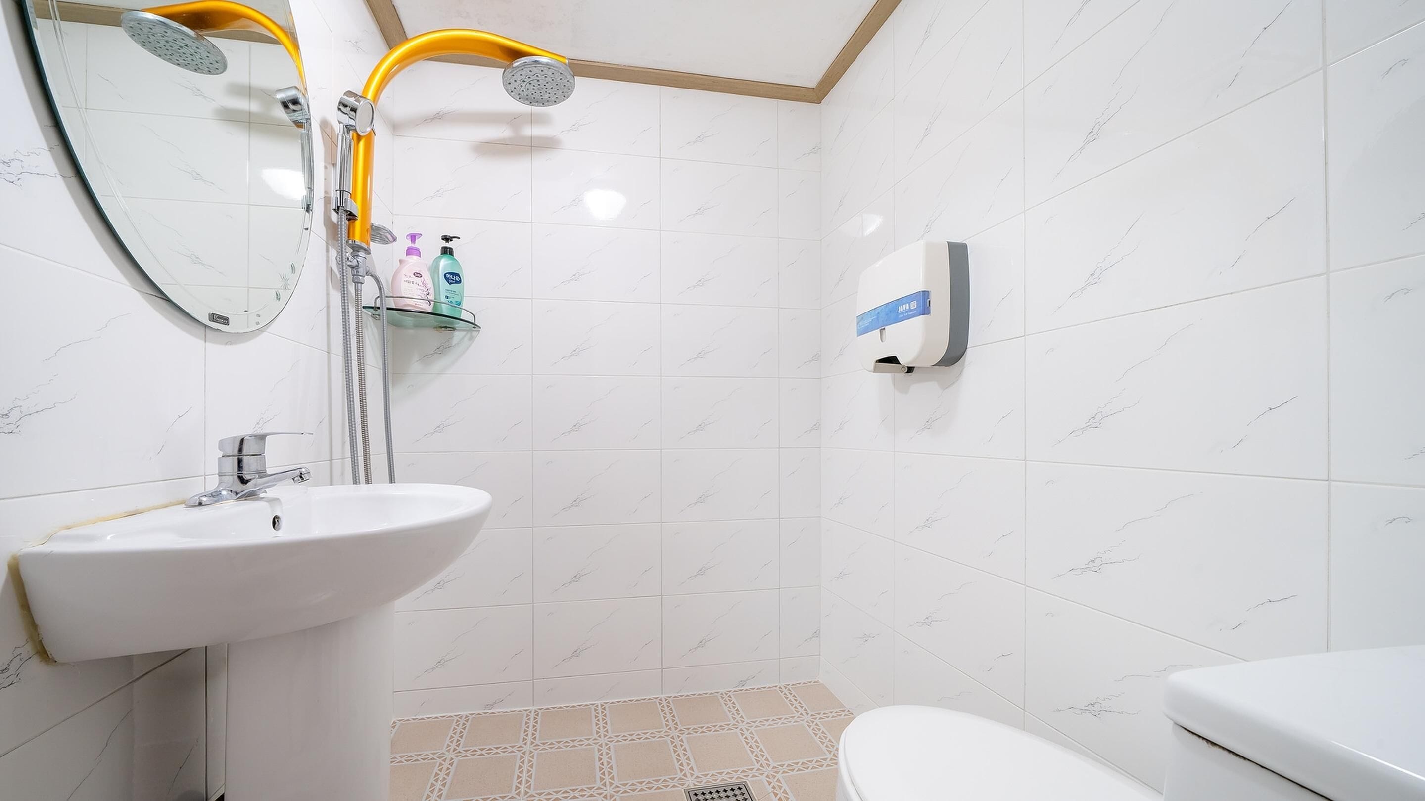 Baño con lavamanos blanco, espejo, ducha e inodoro.
