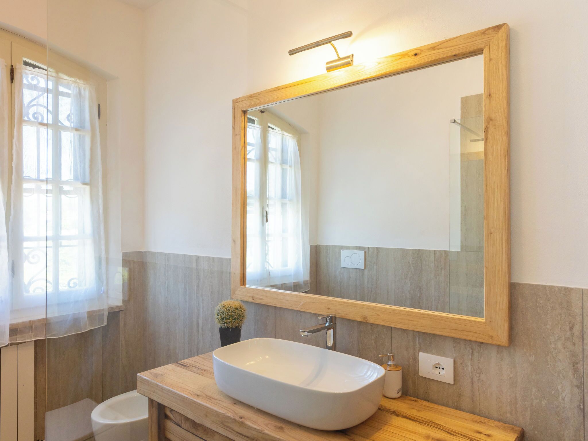 A bathroom with a wooden vanity, a large mirror, a white sink, and a small cactus plant.