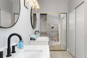 Shower, hair dryer, shampoo