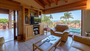 A living room with a TV, bookshelves, a sofa, and a view of the ocean.