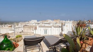 Eine Dachterrasse mit zwei Liegestühlen, Kübelpflanzen und Blick auf die Stadtlandschaft.