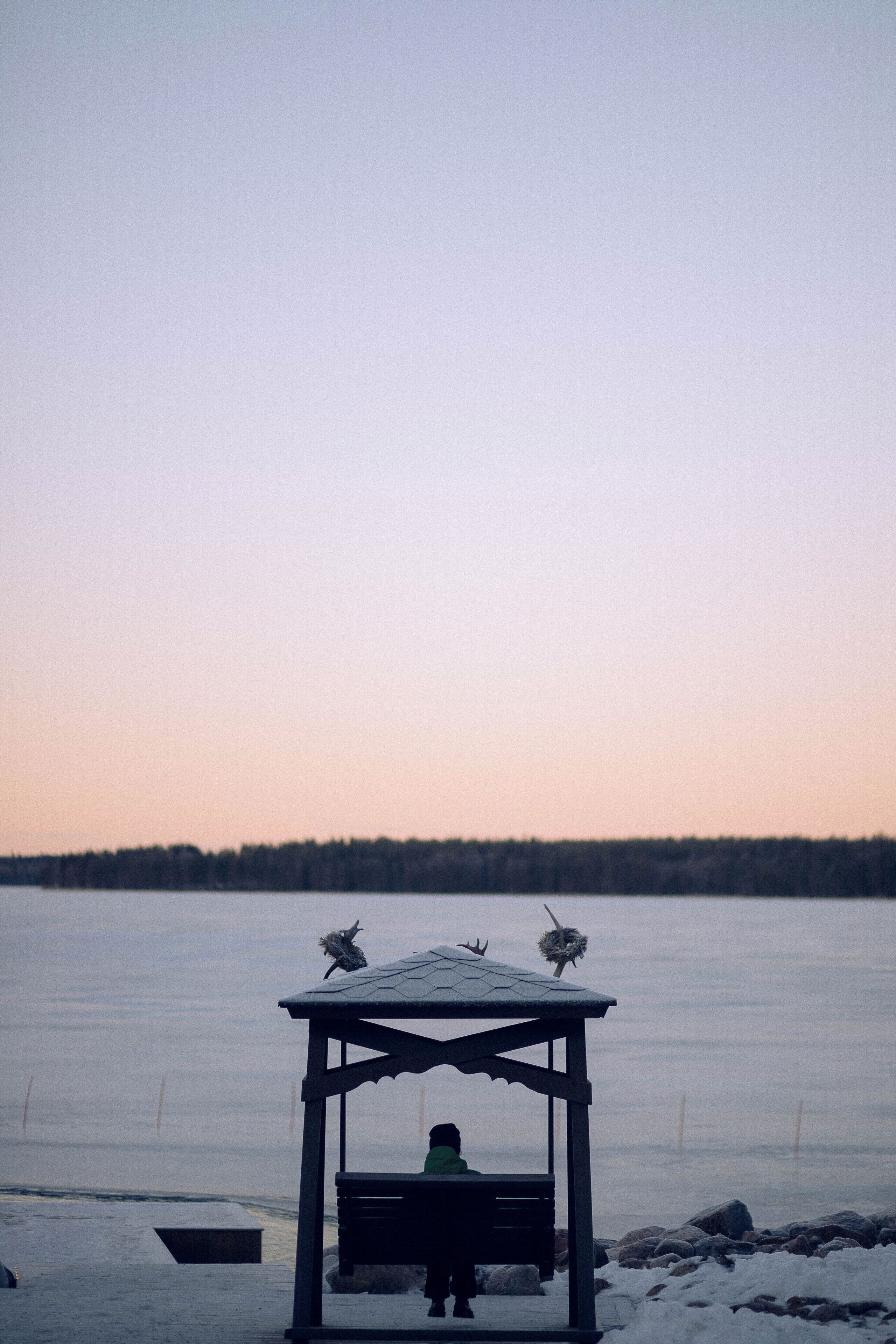 Un jardín con banco, con vista a un lago congelado.