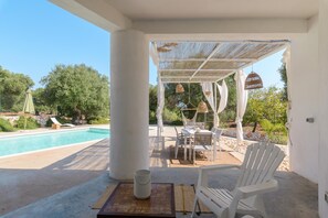 A covered outdoor seating area with a pool, white chairs, and a table.
