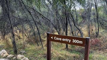 Señal que indica la dirección hacia la entrada de la cueva, a 300 metros.