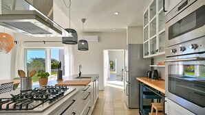 Une cuisine moderne dotée d’un îlot central, d’appareils électroménagers en acier inoxydable et offrant une vue sur l’extérieur.