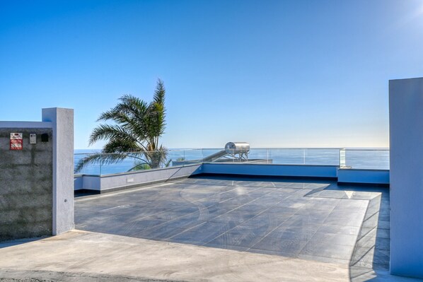 A rooftop terrace with a clear view of the ocean, a palm tree, and a fire extinguisher. - Quinta do Feliz, a Home in Madeira (Ponta do Sol)