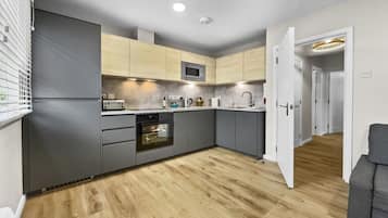 Fridge, microwave, oven, high chair