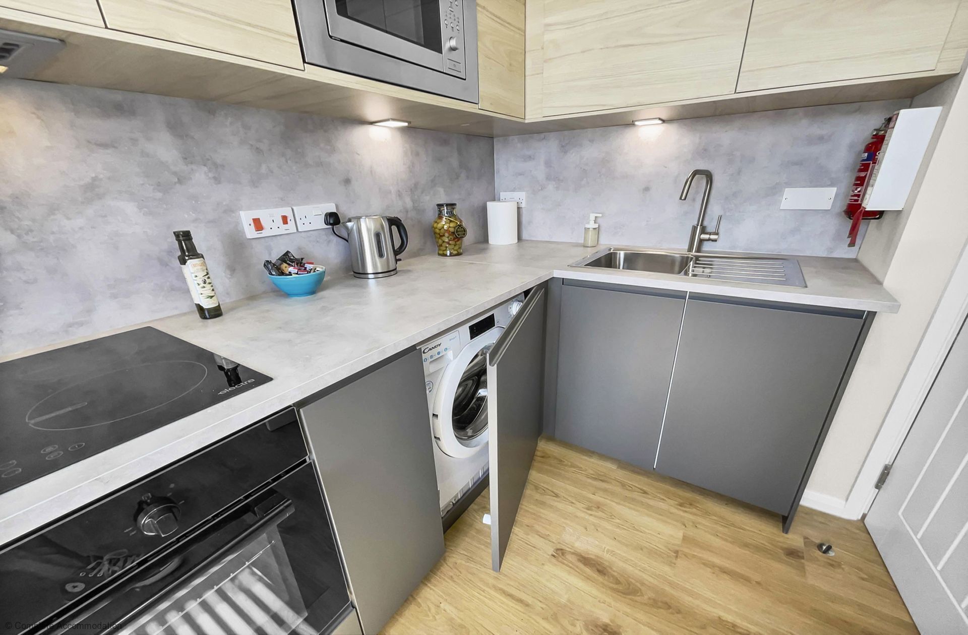 Fridge, microwave, oven, high chair