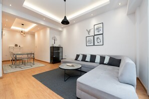 Superior Apartment, 2 Bedrooms, Balcony | Living room | 43-inch Smart TV with cable channels - Modern Family Apartment near Acropolis (Athens)