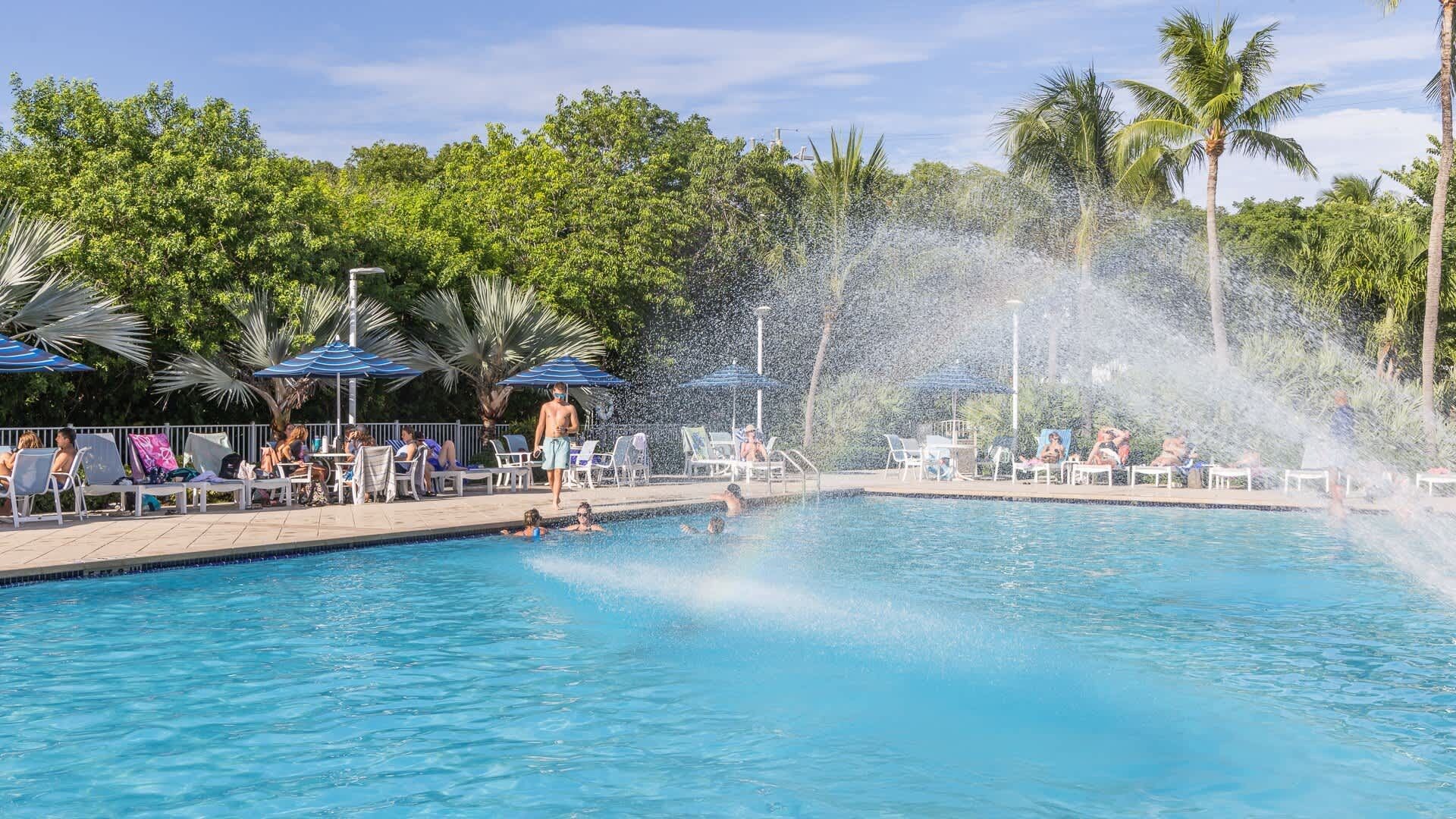 A swimming pool with people, lounge chairs, and palm trees.