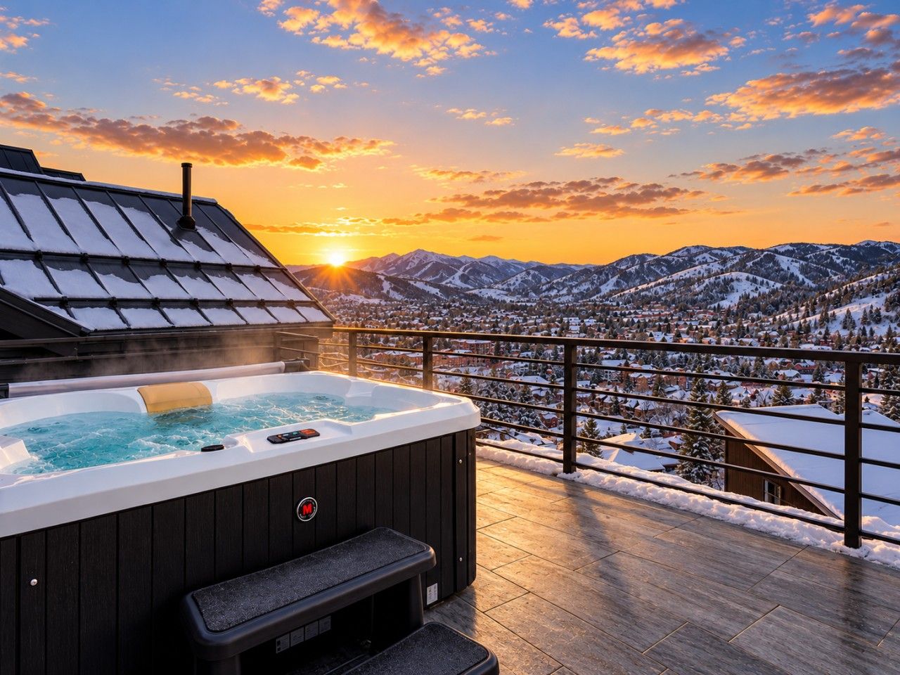 A hot tub on a balcony with a view of snow-covered mountains and a sunset.