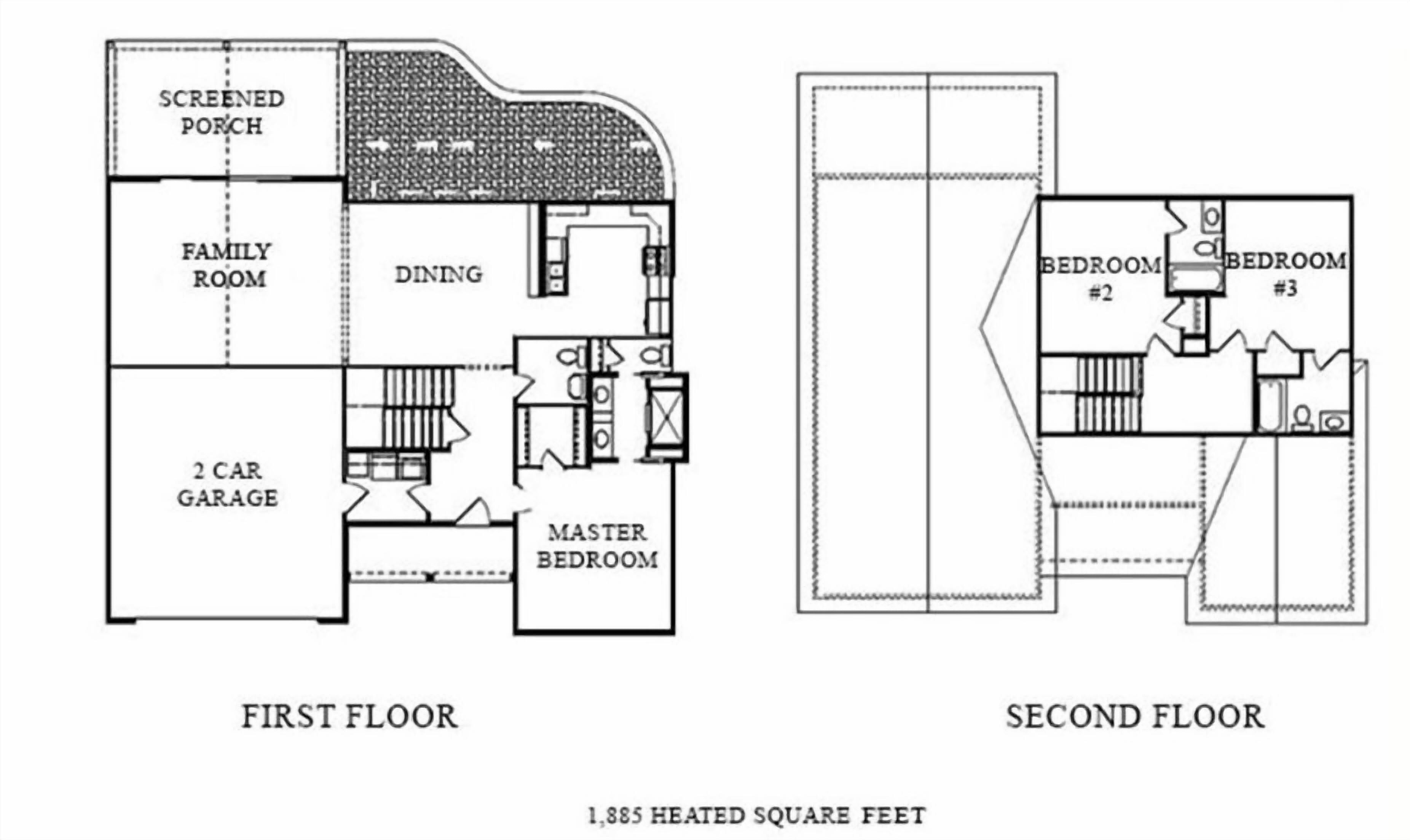A floor plan of a house with a screened porch, family room, dining area, 2 car garage, master bedroom, and two bedrooms.