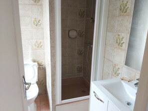Bathroom features a shower enclosure, sink, and toilet, with a floral-patterned tile design.