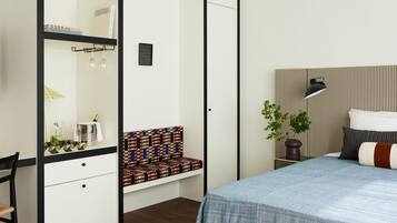 A bedroom with a bed, a bench, a desk, and a wardrobe.