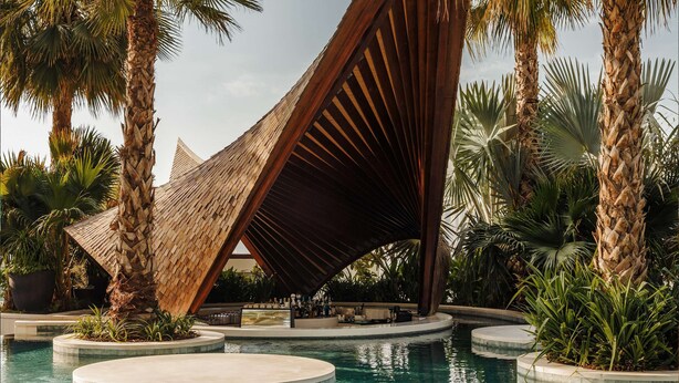 Uma área de piscina com estrutura de madeira singular, palmeiras e um bar.