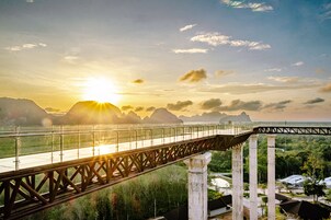 Un puente metálico con pasarela de cristal sobre un río, rodeado de vegetación y montañas.