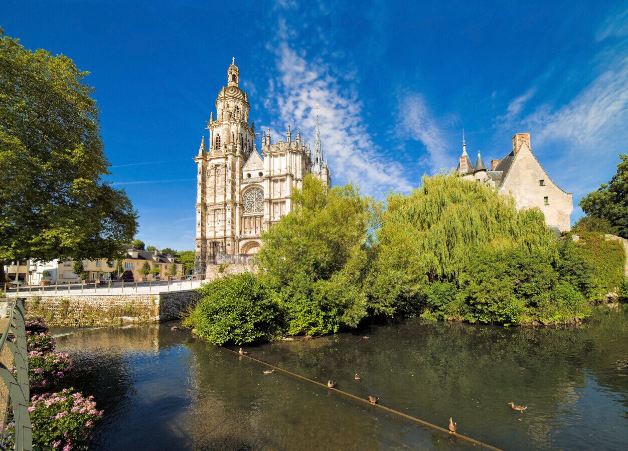 Een historisch kathedraal met een opvallende toren, een rivier met eenden, en weelderige begroeiing.