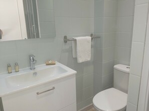 Een haardroger, handdoeken, zeep, toiletpapier