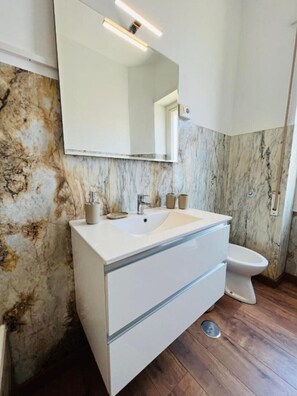 Hair dryer, bidet, towels, soap