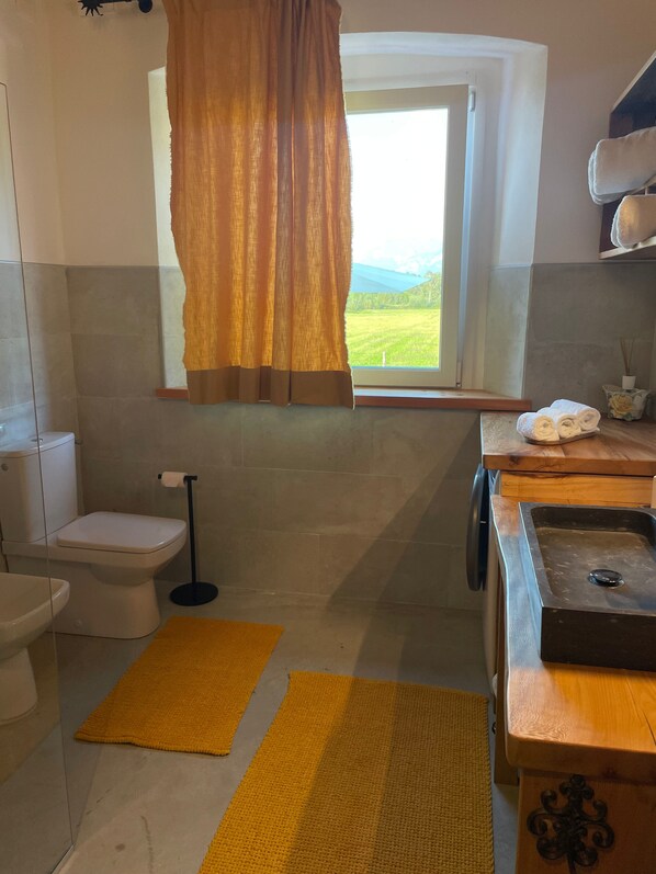 A bathroom with a toilet, sink, and window with curtains.
