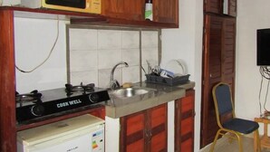 Una cocina compacta con estufa a gas, microondas, lavamanos y armarios de madera.